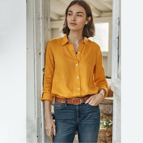 J. Jill Tops - J. Jill Love Linen Roll Tab Sleeve A-Line Button Down Shirt Dandelion Large